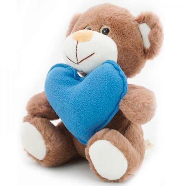 Мягкая игрушка Медвежонок Сильвестр шоколадный 20/25 см с голубым флисовым сердцем0913620-60